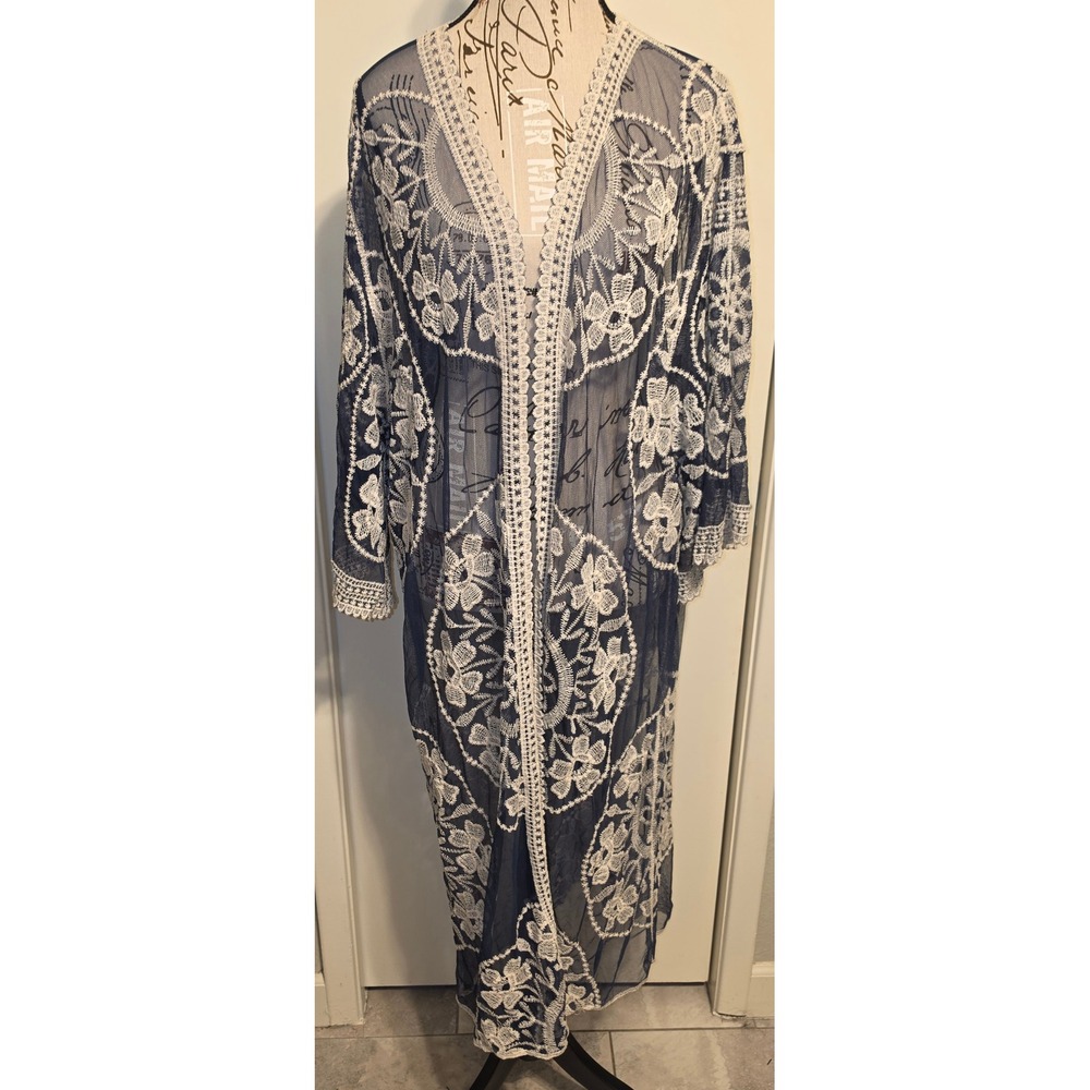 Soft Surroundings Navy Blue Floral Embroidered Mesh Duster‎ Kimono One Size
